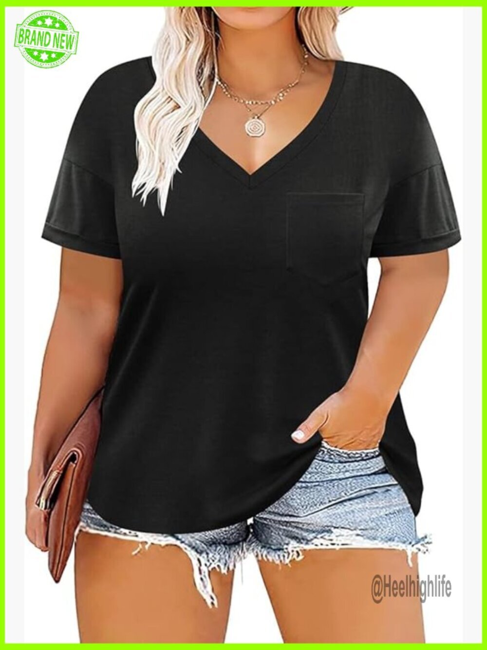 Plus Size V-Neck Tunic Top Short Sleeve T-Shirt Soft Stretch Fabric